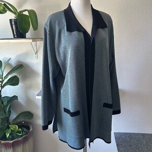 Misook Classic Blue Gray Cardigan with Black Trim Open Front Acrylic size 1X
